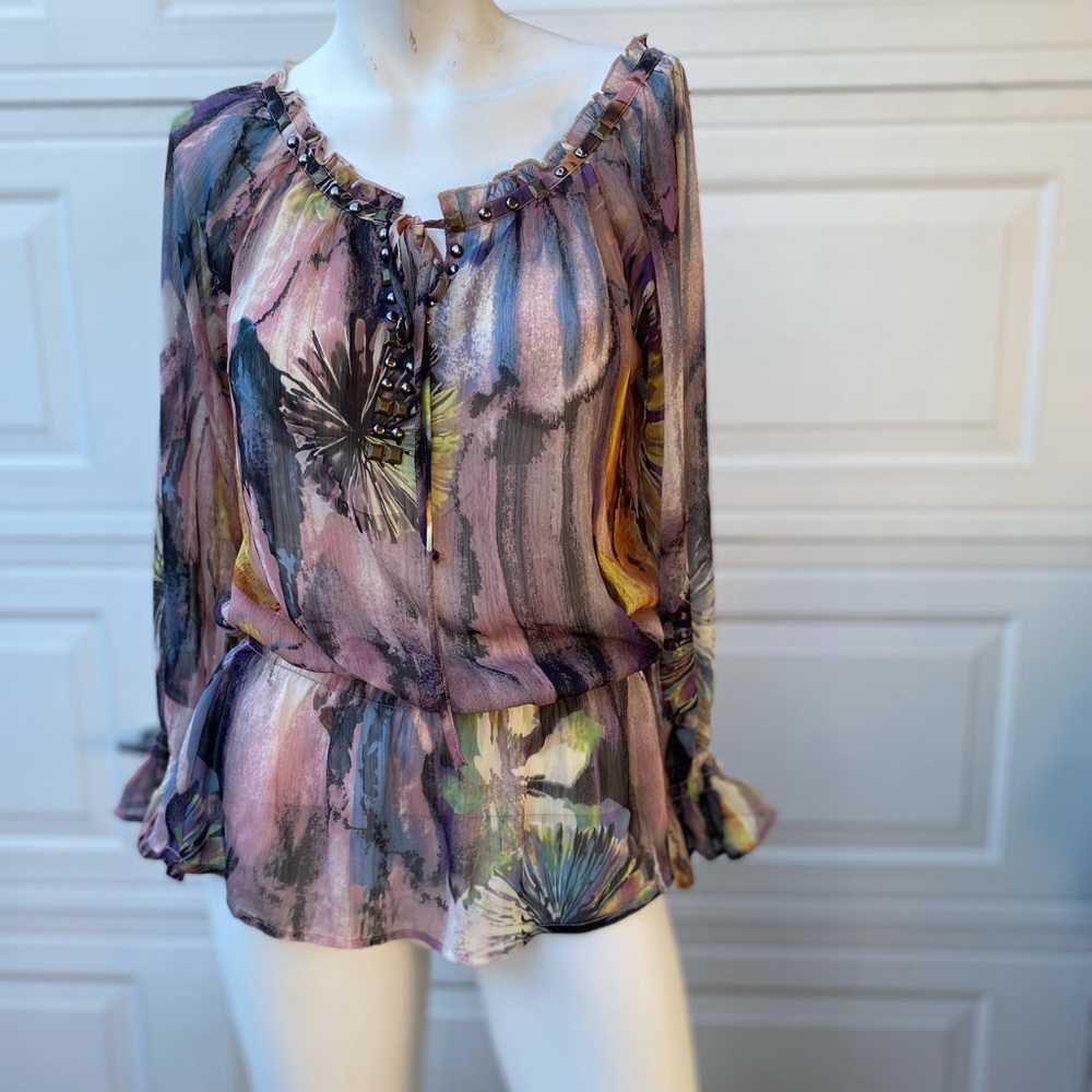 Ladies boho flare cuff hippie watercolor floral blouse freebird sheer gypsy chic